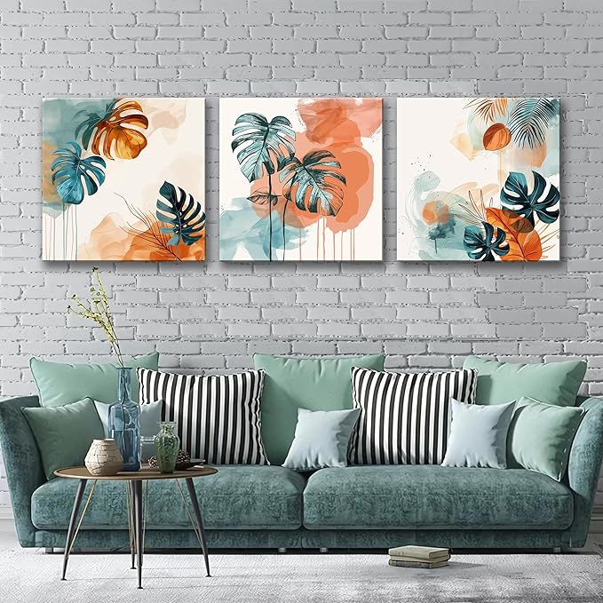 NAN Wind 3Pcs Abstract Tropical Leaves Canvas Art Modern Botanical Wall Decor Teal and Orange Leaf Minimalist Jungle Wall Art Framed Contemporary Nature-Inspired Print for Living Room or Bedroom