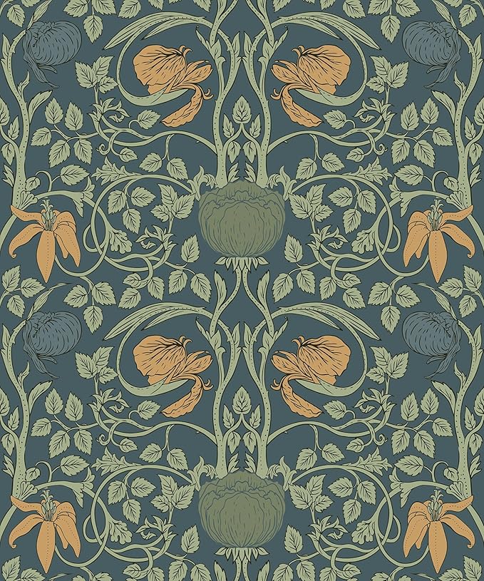 Livelynine 17.5x276 Dark Teal Floral Peel and Stick Wallpaper Vintage Brown Floral Navy Blue Green Flower Wall Paper Renter Friendly Retro Victorian William Morris Removable Contact Paper for Walls