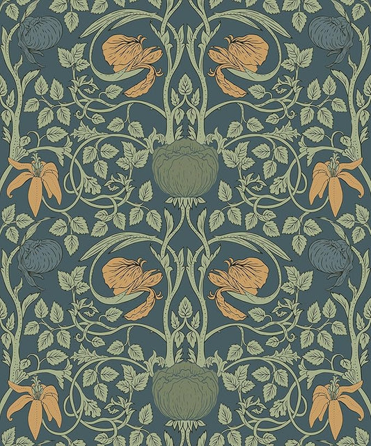 Livelynine 17.5x276 Dark Teal Floral Peel and Stick Wallpaper Vintage Brown Floral Navy Blue Green Flower Wall Paper Renter Friendly Retro Victorian William Morris Removable Contact Paper for Walls
