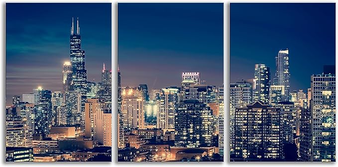 NAN Wind Modern Canvas Painting Chicago Skyline at Night Wall Art Cityscape Picture Print on Canvas Blue City Cool Building Giclee Artwork for Home Office Living Room Bedroom Decoration Framed