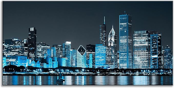 NAN Wind Modern Office Decor Chicago Skyline Canvas Art Chicago City Center Skyline Canvas Prints Cityscape Wall Decorations Blue Wall Decor for Living Room Pictures for Bedroom Decorations