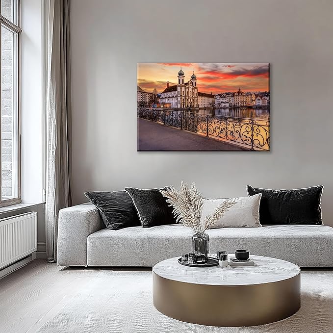 Mordern 1Pcs European Cityscape Canvas Wall Art Scenic Sunset Over River Cathedral with Domes Ready to Hang Architecture Romantic Travel Destination Decorative Framed Artwork for Living Rooms Bedrooms