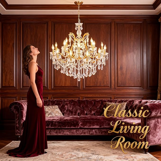 Antique Gold Crystal Chandeliers, Polished Golden Bronze Farmhouse Chandeliers 18-Light Crystal Candle Chandelier Ceiling Hanging Light Fixture Entrance Foyer Kitchen