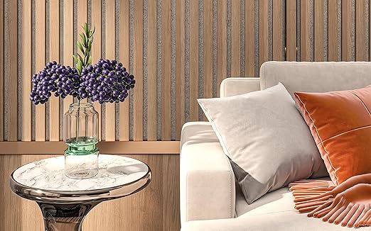 106” x 12.6” Acoustic Wood Wall Paneling, Decorative Sound Proof Panels for Walls and Ceilings, 3D Slat Wood Wall Panels (Set of 40) (American Oak w/White Base)