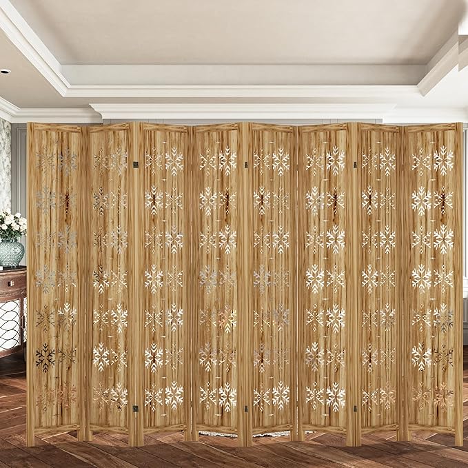 Casaphoria 8 Panels Room Divider, Folding Screen Room Divider with Snowflake Pattern for Home Office, Restaurant and Bedroom, Paulownia Wood, 127" W x 67" H (Natural)