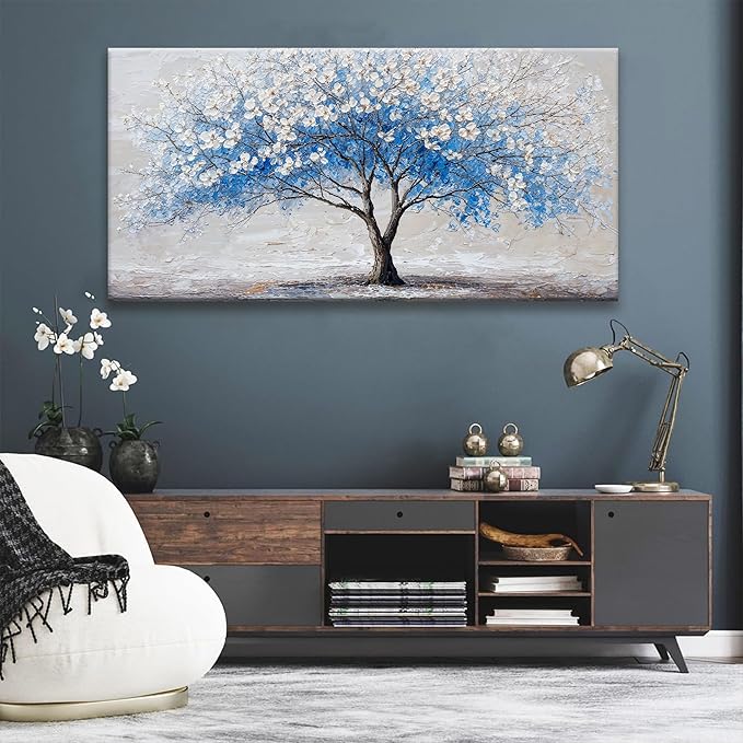 Large Wall Art For Living Room Blue Tree Of Life Modern Wall Artwork Prints Canvas Art Wall Decor Painting Blue Tree Pictures Abstract Wall Decor For Home Bedroom Office Ready To Hang 29"×58"