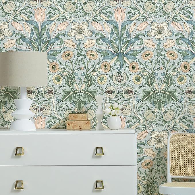 17.3"x118" Peel and Stick Wallpaper Floral Contact Paper Blue Background Pink Pomegranate Flower Wallpaper Self Adhesive Wall Paper Removable Modern Wallpaper for Living Room Funiture Decor