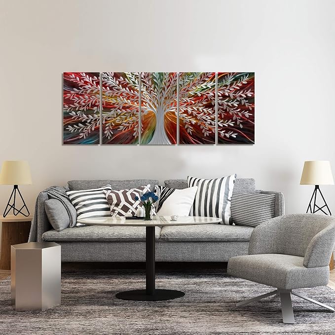 BATRENDY ARTS Silver Willow Metal Tree Wall Art for Livingroom Modern Abstract Colorful Artwork Brown and Red Landscape Home Decor Multi-panels 3D