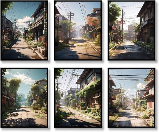 Luodroduo Japanese Wall Art Set of 6 Japan Rural Architecture Abstract Scenery Illustration Wall Decor Countryside Streets Canvas Art Poster for Living Room Bedroom Wall Art (D, 11"x14" UNFRAMED)