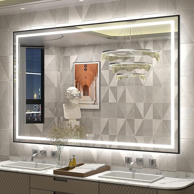 60x36 Framed LED Lighted Bathroom Mirror, Dimmable Vanity Mirror for Wall, Backlit and Front Lighted, Anti-Fog, Memory (Horizontal/Vertical)