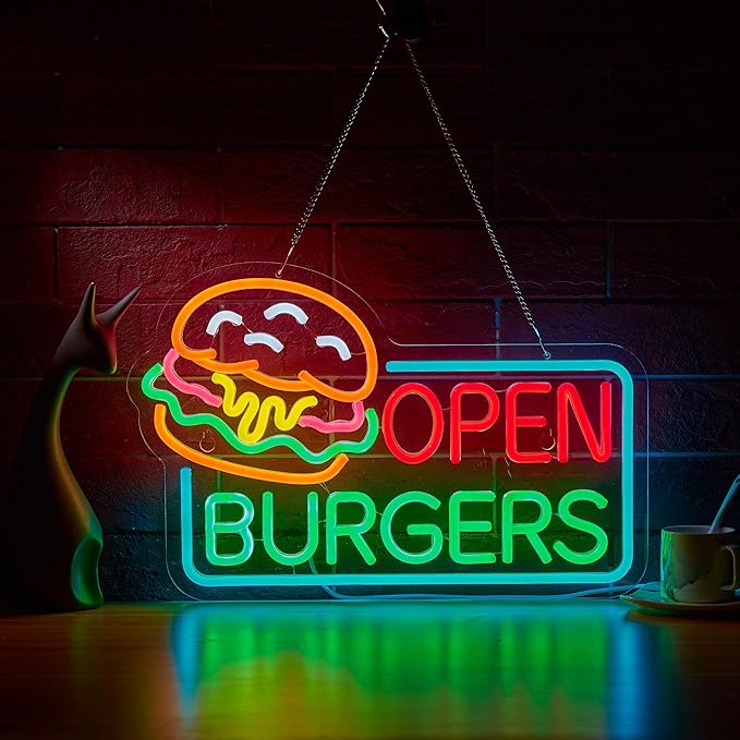 Burgers Open Neon Sign for Wall Décor Dimmable Business Hamburger Food Shop LED Neon Light USB Powered Neon Art Signs Decor