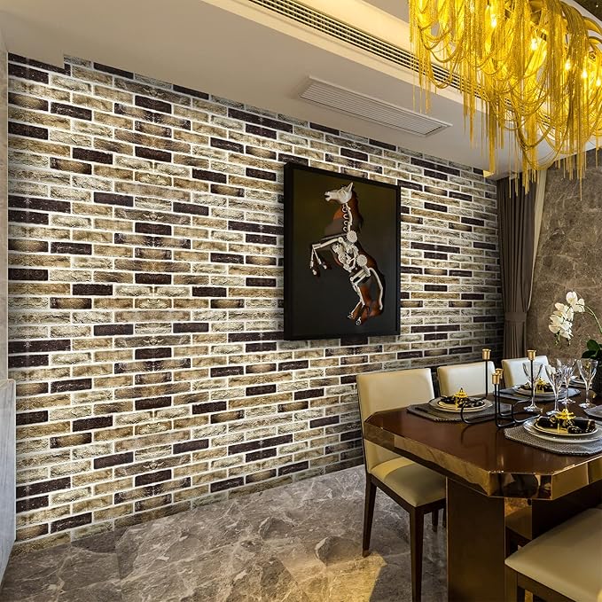 10-Pack 52 Sq.Ft 3D Wall Panels Peel and Stick 3D Faux Brick Wallpaper Peel and Stick Yellow Brown Faux Stone Wall Panel Foam Brick Self-Adhesive 3D Wallpaper