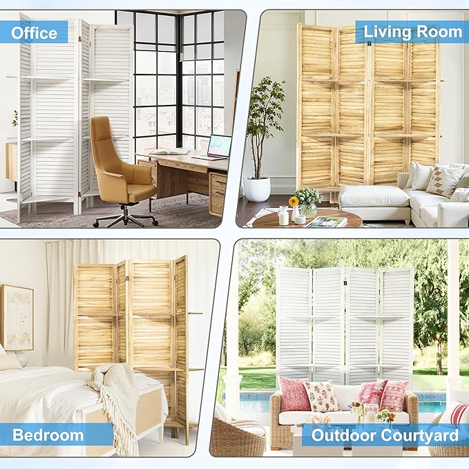 4 Panel Room Divider 5.6FT Louvered Design Room Dividers with Display Shelves Folding Privacy Screens Portable Freestanding Partition Wall Dividers for Bedroom & Office, Natural Wood