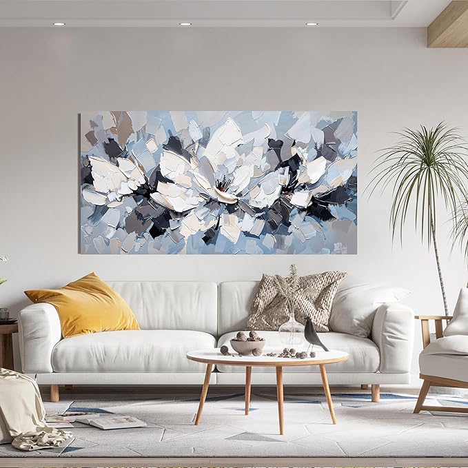 Abstract Canvas Wall Art Decor Modern White Wall Art for Living Room Abstract Canvas Art Wall Decor Flower Pictures Large Blue Wall Art Prints Artwork for Walls Bedroom Office Decor 24" X 48"