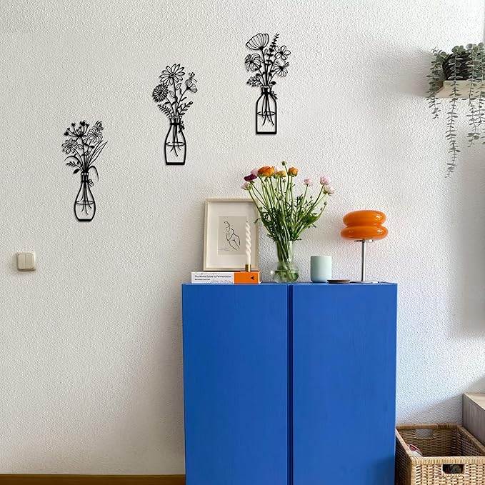 3 Pieces Metal Flowers Wall Art Decor, Farmhouse Minimalist Bathroom Wall Decors Sculptures for Living Room Dining Room Bedroom Housewarming Gifts