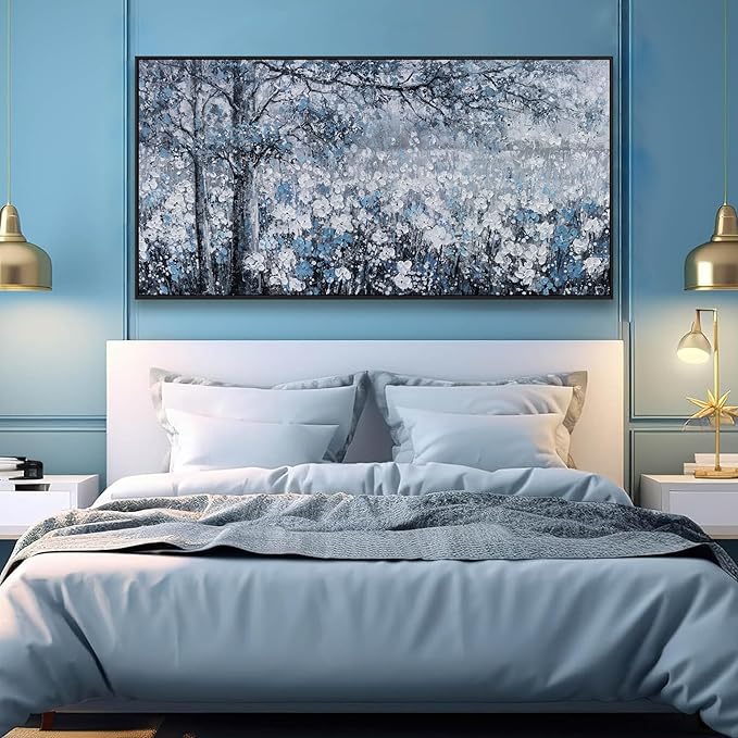 Canvas Wall Art Print Paintings Blue And White Abstract Tree Flower Landscape Home Prints Decor Framed Ready To Hang For Living Room Bedroom And Office Home Kitchen Artwork 20"×40"