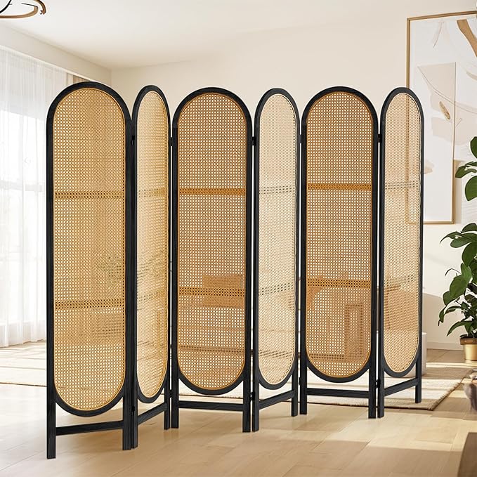 6 Panels Room Dividers and Hand-Woven Rattan Room Divider Wall, Wood Room Divider Folding Privacy Screens for Home Office Bedroom, Black
