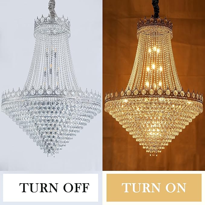 KoKo&Yukina 32" Modern Brushed Nickel Crystal Chandelier - French Empire Round Large High Ceiling Sloped Hanging for Hallway Staircase