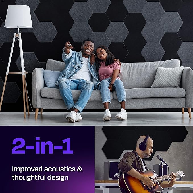 Acoustic Panels 12-Pack Soundproof Wall Panels 14"X12.1"X0.4" Sound Panels High Density Sound Dampening Panels - [Deep Black Hexagon]