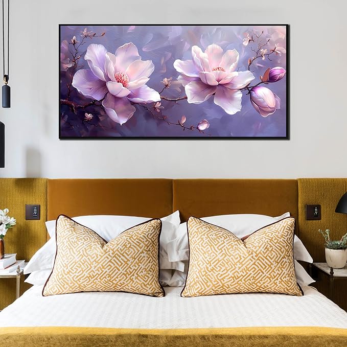 ANCXWOTER Modern Canvas Wall Art, 24x48, Purple Flower Botanical, Framed, Waterproof, Perfect for Living Room, Bedroom, Office, Bathroom