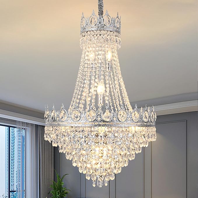 KoKo&Yukina Chrome 23.6" French Empire Crystals Chandeliers 14 Lights K9 Crystal Chandeliers Modern Adjustable Hanging Chandelier Farmhouse Crystal Chandelier for Living Room Dining Room Bedroom