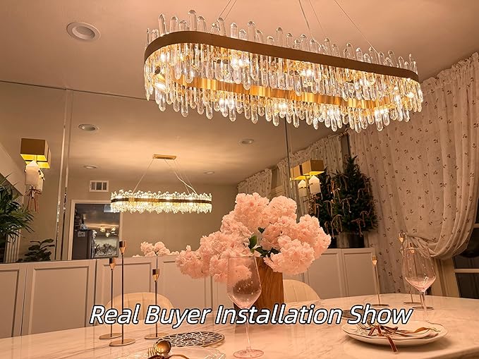 Modern Chandelier, 20-Lights 2 Tiers Gold Rectangular Chandeliers for Dining Room, 52'' Luxury K9 Raindrop Crystal Chandeliers, Adjustable Kitchen Island Chandelier for Living Room, Foyer Entryway