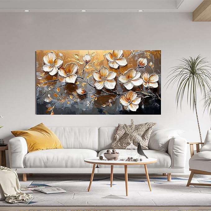 Canvas Wall Art Decor Modern Wall Art Pictures for Living Room Canvas Art Wall Decor Large Artwork for Walls Gold Floral Wall Art Decor White Wall Art Prints for Bedroom Office Wall Decor 24" X 48"