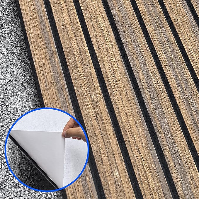 Acoustic Peel & Stick Wall Panels 8 Pack - Soundproof 3D Wood Slat Paneling for Walls/Ceilings (Dark Walnut)