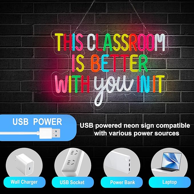 Classroom Neon Sign for Wall Décor Dimmable This Classroom is Better With You In It LED Light USB Powered Inspirational Motivational Wall Art Letter Signs for Teachers Back to School Decor
