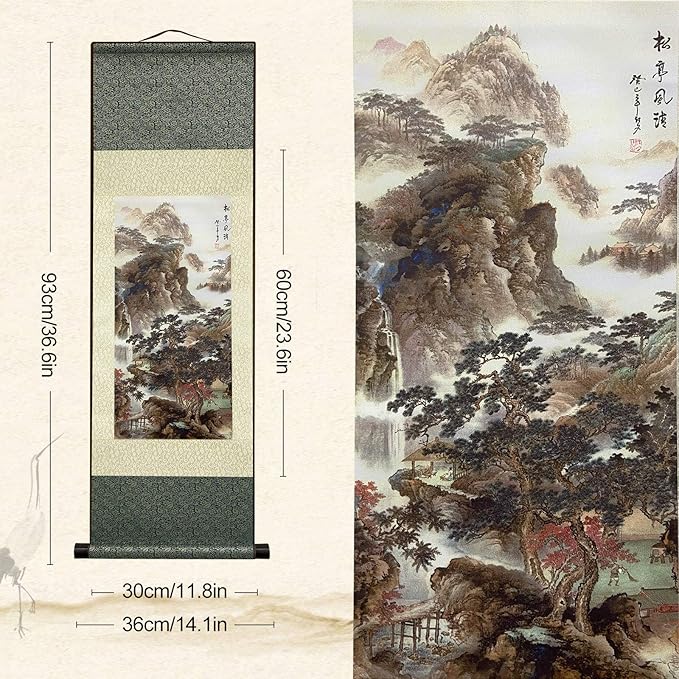 AtfArt Asian Wall Decor - Beautiful Silk Scroll Painting of Waterfall River Landscape - Songting Qingfeng Oriental Decor Chinese Art Wall Scroll (36.2 x 12 in)
