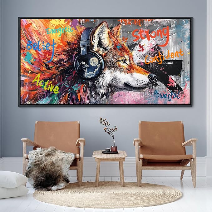 JEAWA Large Framed Wall Art, Modern Graffiti Street Art Funny Wolf with Headphones Pictures Canvas Painting for Living Room Bedroom Office Kitchen Home Inspirational Decor Gifts for Men 29x58