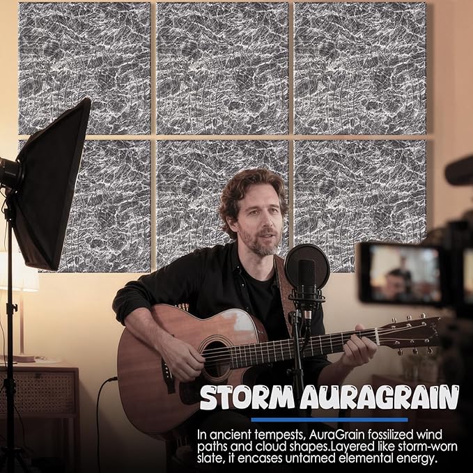 Acoustic Wall Panels 6 Pack, 24"x24"Decorative Art Soundproof Panels, Sound Absorbing Self-Adhesive Panel, Acoustic Treatment for Studio, Home Theater, Office (Storm AuraGrain)