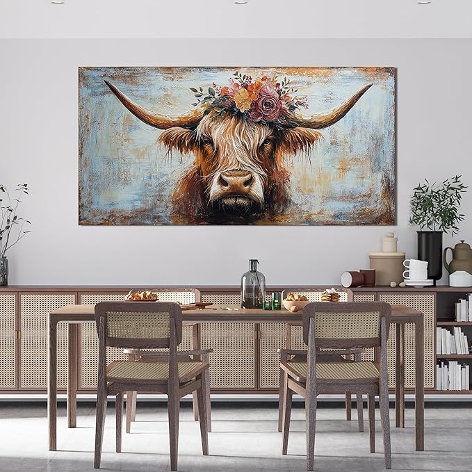 Canvas Wall Art Decor Artwork for Wall Decor Highland Cow Wall Art Prints Wall Art Picutures for Living Room Large Vintage Wall Art Decorations Art Work for Walls Home Bedroom Office Decor 24" X 48"
