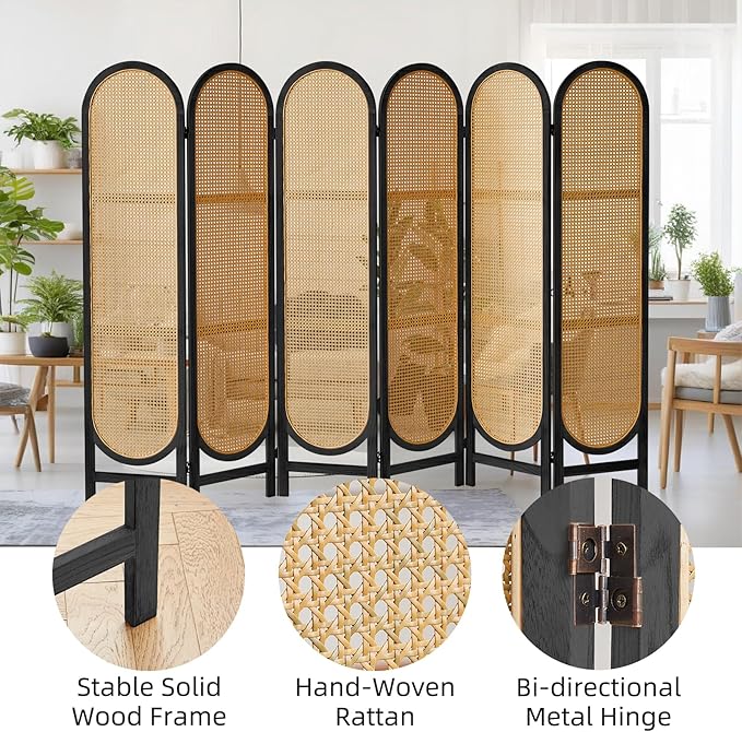 6 Panels Room Divider, Foldable Wooden Room Divider, Individual Privacy Screen Made of Hand-Woven Rattan, Portable Wall Divider for Home Office Bedroom Bathroom Dressing Room (Black Natural)