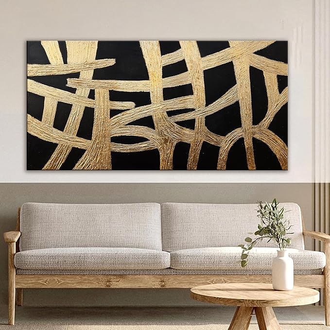 Abstract Wall Art Paintings Wall Decor Large Canvas Wall Art Decor Black And Gold Lines Texture Wall Art Decor Artwork Modern Minimalist Wall Art For Living Room Bedroom Office Wall Decor 29"X58"