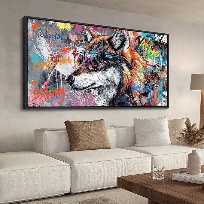 JEAWA Framed Canvas Wall Art - Large Abstract Painting Decor, Inspirational Graffiti Wolf Pictures, Modern Street Art Prints for Bedroom Living Room Bathroom Home Decoration, 29x58 IN