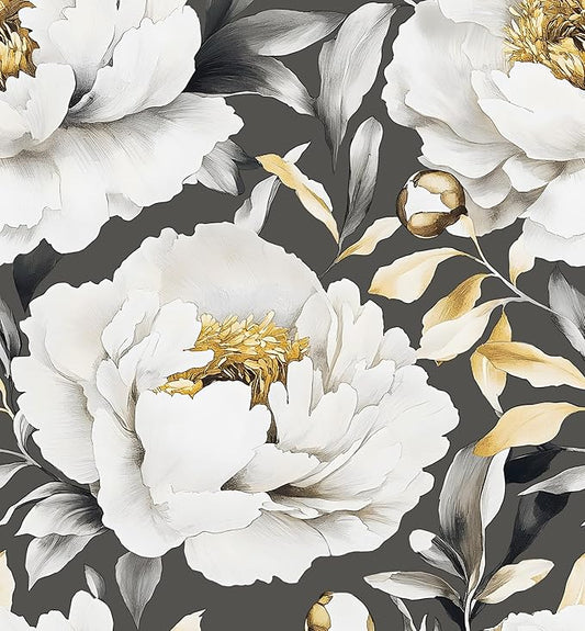 Boho Wallpaper Peel and Stick Dark Floral Wallpaper for Cabinet 17.5x118in Waterproof Removable Modern Large Flowers Leaf Wall Paper for Room Walls Bathroom Decor