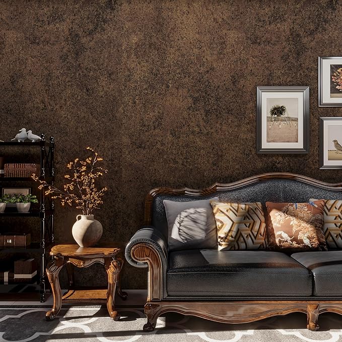 48x197inch Extra Wide Dark Brown Concrete Wallpaper Vintage Metal Industrial Style Wall Sticker Air Guide Slot Design Matte Thick Self-Adhesive Waterproof Cement Contact Paper Antique Bronze Gold