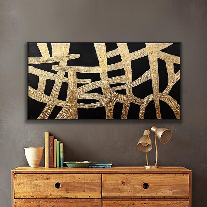 Abstract Canvas Wall Art Modern Artwork Canvas Prints Framed Canvas Picture Contemporary Wall Art Black And Gold Lines Texture Artwork Bedroom Living Room Office Decoration Ready To Hang 24x48