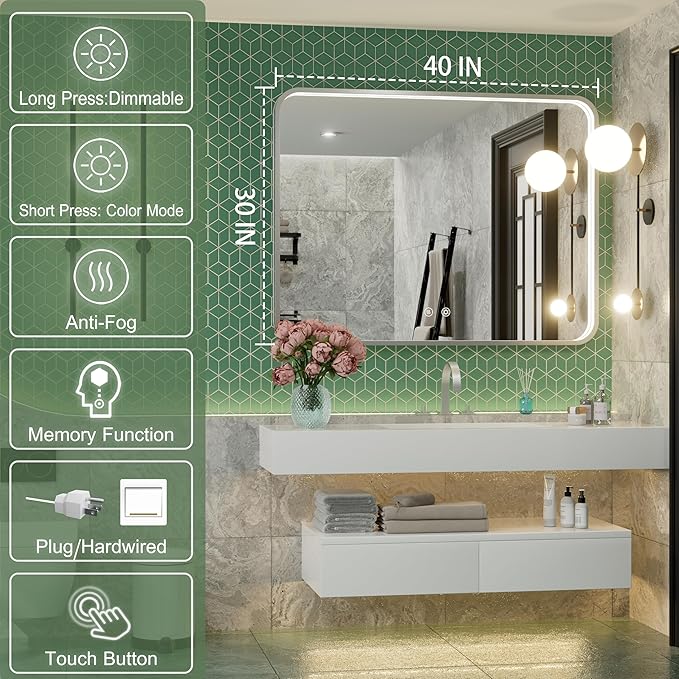 40x30 Inch Silver LED Mirror for Bathroom with Lights, Adjustable 3000K/4500K/6000K, Lighted Bathroom Vanity Mirrors for Wall, Anti-Fog, Dimmable, Memory Funtion, Horizontal/Vertical