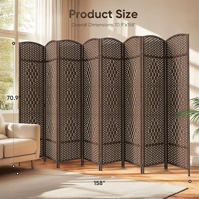 JOSTYLE 6ft. Tall Extra Wide Folding Privacy Screens with Diamond Double-Weave and Freestanding Room Dividers (Brown, 8-Panel)
