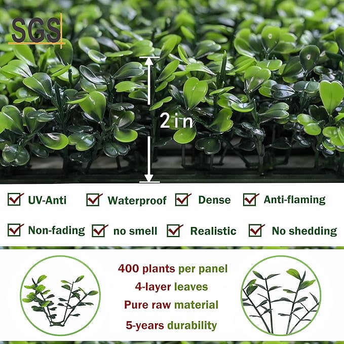 Bybeton Artificial Boxwood Panels,20"x 20" (24Pcs) 4-Layer Leaves UV-Anti Greenery Grass Wall Backdrop for Indoor Outdoor Privacy Hedge and Garden, Balcony,Privacy Fence Screen Decor