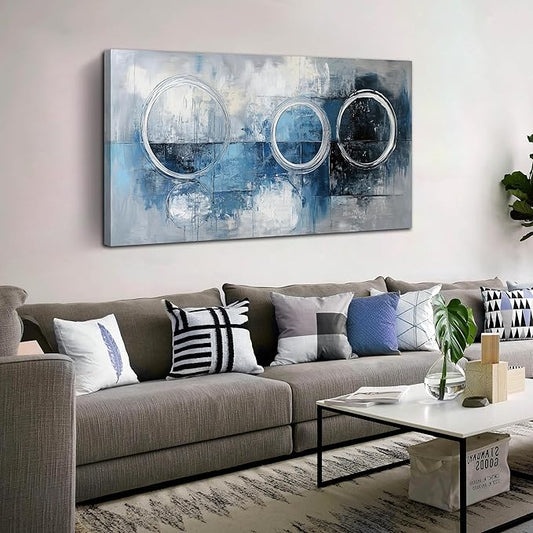 AOZEMI Abstract Wall Art Large Blue Picture Wall Decor Grey and White Circle Modern Artwork Art for Living Room Office 24"x 48"