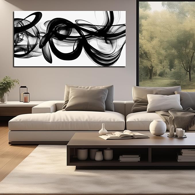Abstract Canvas Wall Art for Living Large Size,Black and White Pictures for Wall.Black Home Office Wall Decor Ready to Hang 29 x 58 Inch