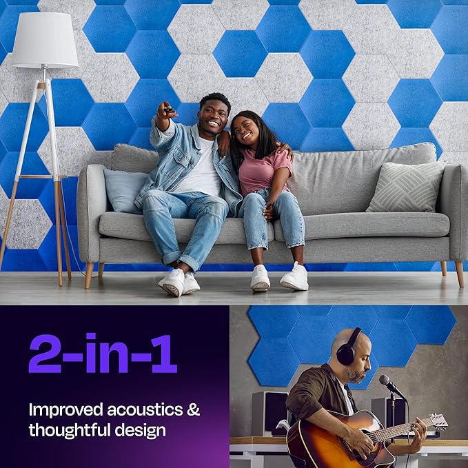 Acoustic Panels 12-Pack - 14"X12.1"X0.4" Soundproof Wall Panels - High Density Sound Dampening - Grand Blue Hexagon