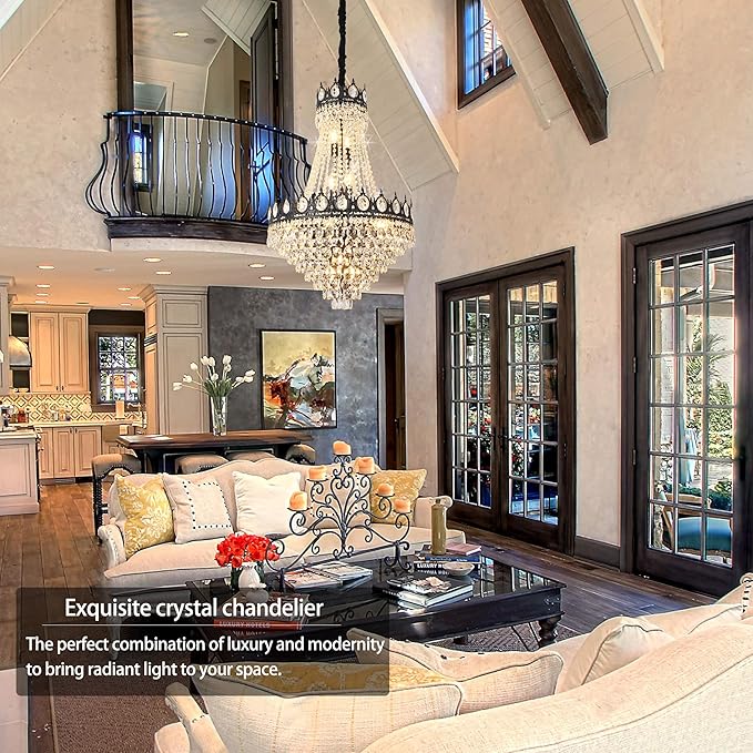 KoKo&Yukina Black 23.6" French Empire Crystal Chandelier - 14 Lights K9 Modern Farmhouse Adjustable Hanging Light for Living Room, Dining Room, Bedroom