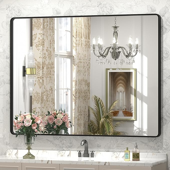 44x36 Inch Black Metal Framed Bathrrom Mirror for Wall, Black Matte Rounded Rectangle Bathroom Vanity Mirror, Anti-Rust, Tempered Glass, Hangs Horizontally or Vertically