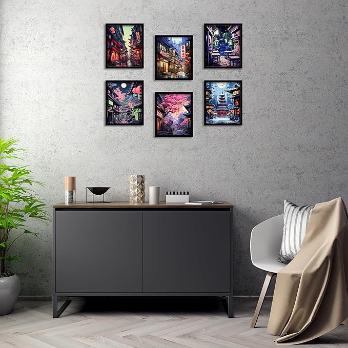 Luodroduo Japanese Wall Art Set of 6 Japan Rural Architecture Abstract Scenery Illustration Wall Decor Countryside Streets Canvas Art Poster for Living Room Bedroom Wall Art (A, 11"x14" UNFRAMED)