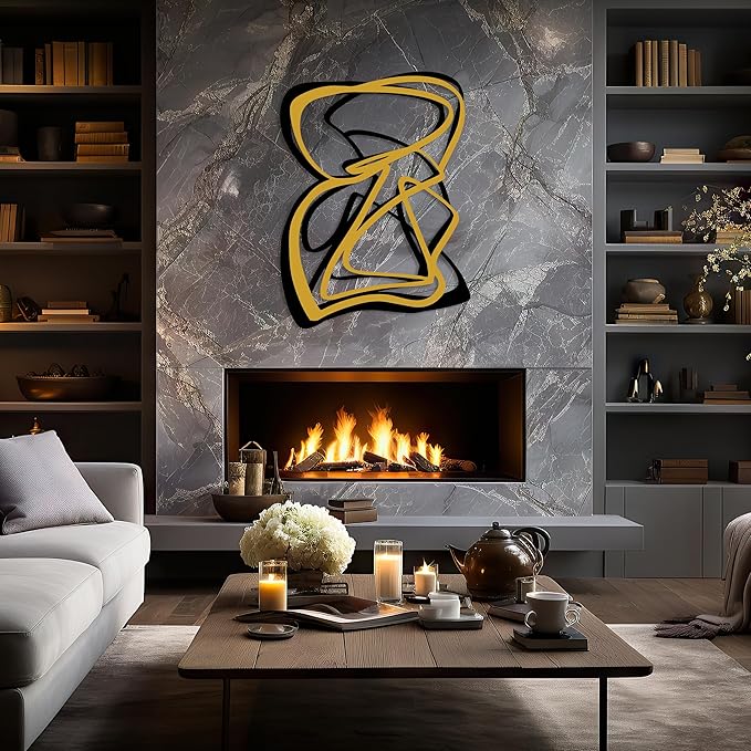 Black with Gold Abstract Metal Wall Art, Geometric Abstract Metal Wall Decor, Black and Gold Wall Decor, Modern Line Art Sculpture for Living Room,Luxury Wall Sign