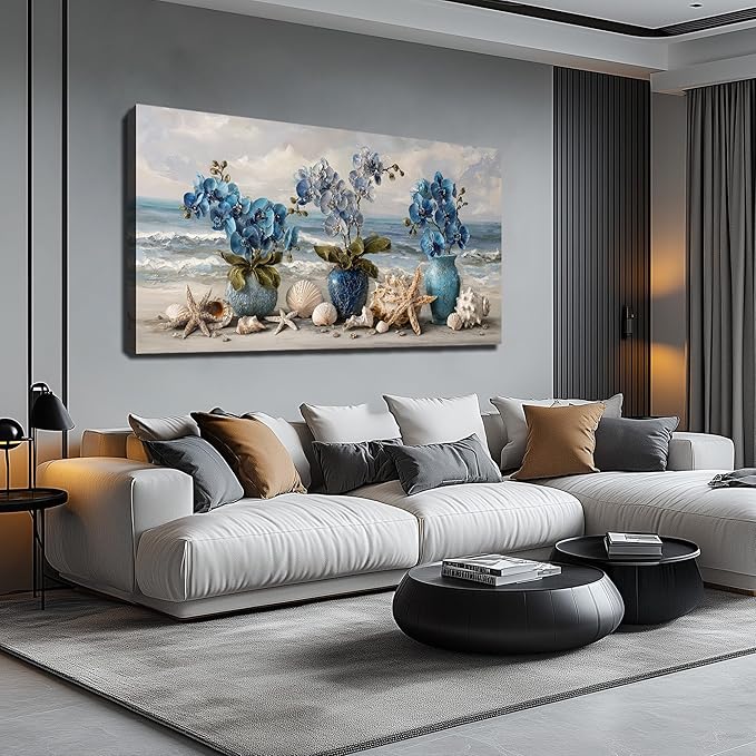 Large Beach Wall Art Blue Wall Decor Floral Canvas Art Coastal Seascape Ocean Pictures Flower Vase Poster Starfish Conch Shell Print Art for Bedroom Bathroom Living Room Office 24"x 48"